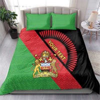 Green and red Malawi flag duvet cover set with coat of arms emblem, black diagonal panel, 2 shams