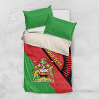 Green and black bedding set with Malawi coat of arms flag artwork and two green pillow shams