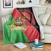 Draped Malawi flag throw blanket with coat of arms and 'Your Text' circular emblem