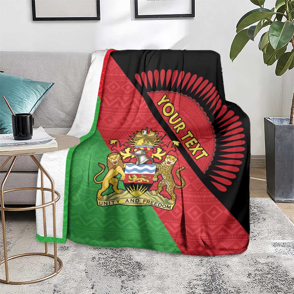 Throw blanket draped on sofa with Malawi crest and 'Your Text' circular emblem