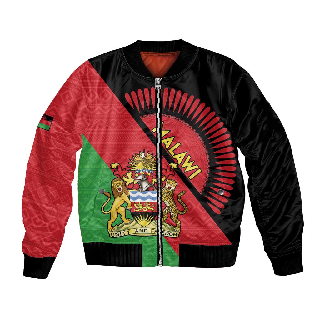 Black bomber jacket with Malawi coat of arms emblem, red green flag-style front and zip