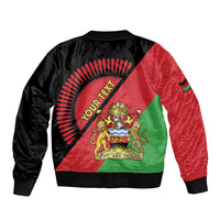Black bomber jacket with red green flag back panel and Malawi crest, "YOUR TEXT!" circle