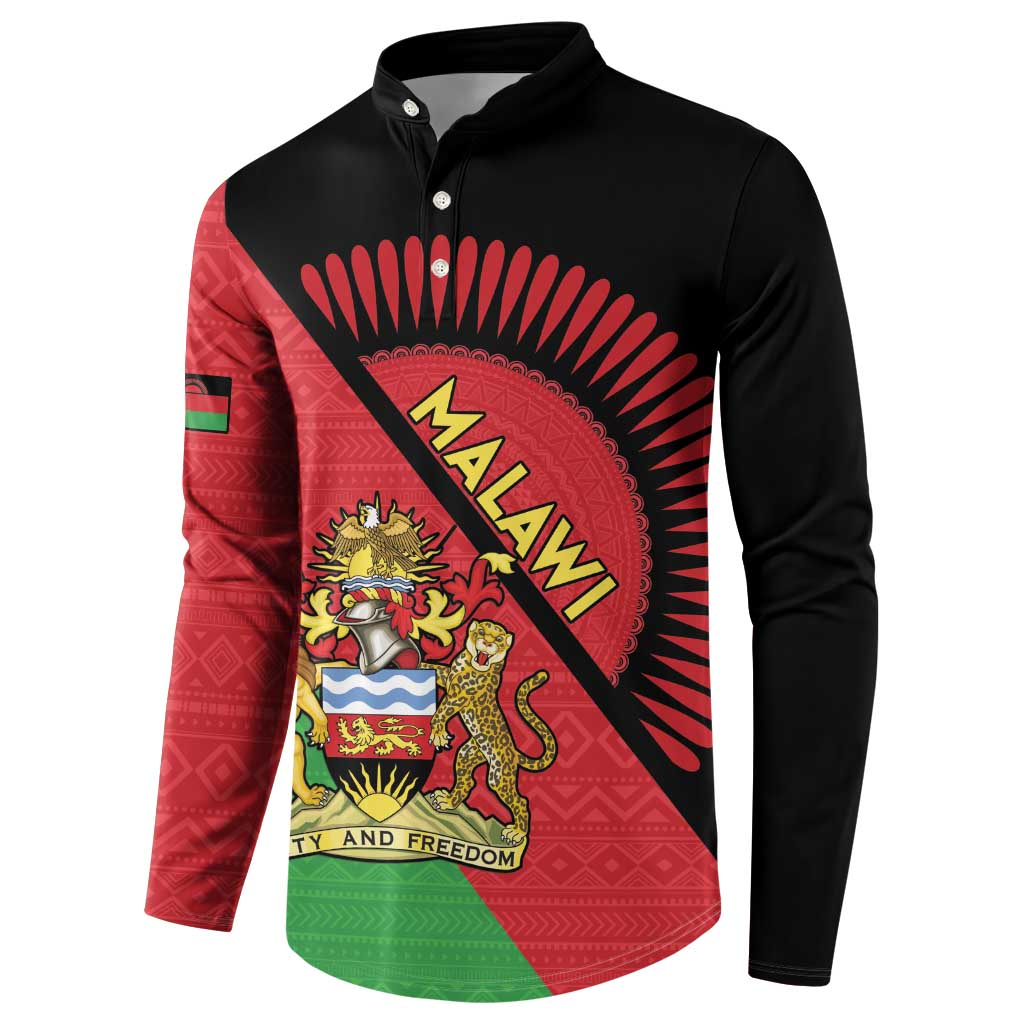 Black button sweatshirt with diagonal Malawi crest and flag stripes graphic