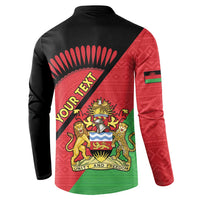 Black button sweatshirt back with Malawi crest and diagonal "YOUR TEXT"