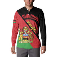 Black button sweatshirt with Malawi crest and flag-style print, front view