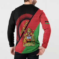 Black sweatshirt back print with "YOUR TEXT" and Malawi crest flag stripes