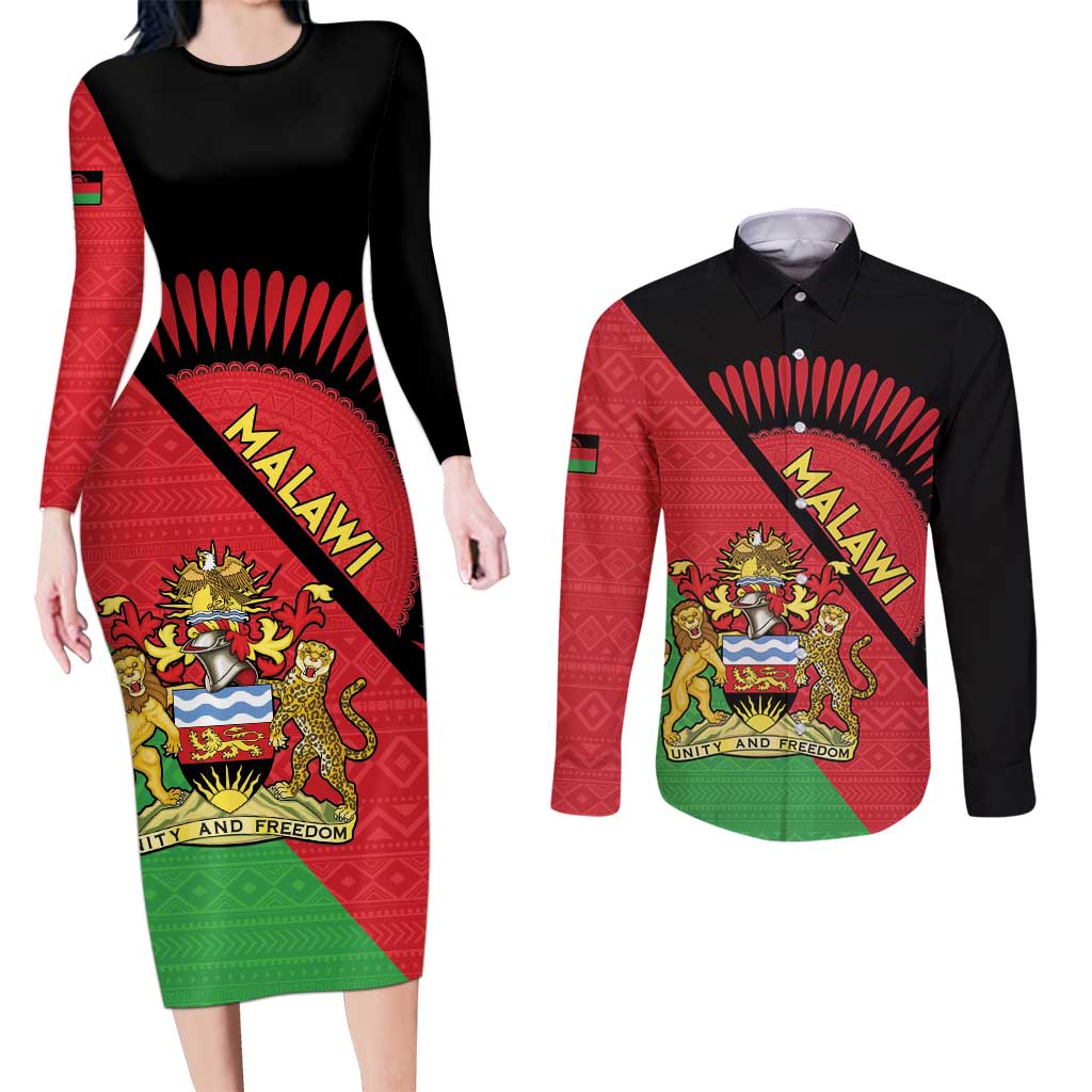 Personalised Malawi Couples Matching Long Sleeve Bodycon Dress and Long Sleeve Button Shirt Coat Of Arms - Flag Style