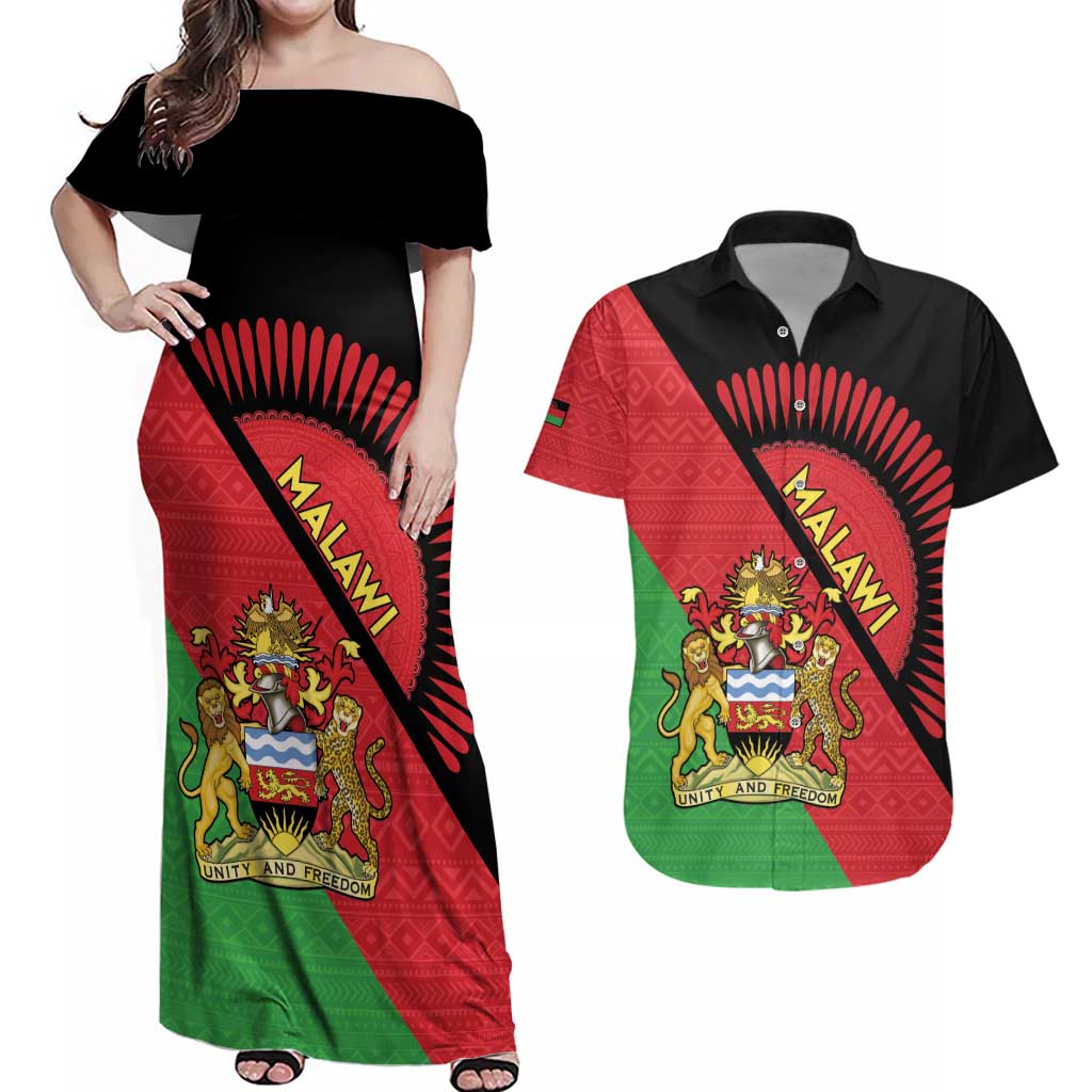 Personalised Malawi Couples Matching Off Shoulder Maxi Dress and Hawaiian Shirt Coat Of Arms - Flag Style