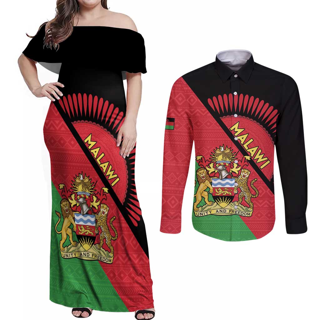 Personalised Malawi Couples Matching Off Shoulder Maxi Dress and Long Sleeve Button Shirt Coat Of Arms - Flag Style