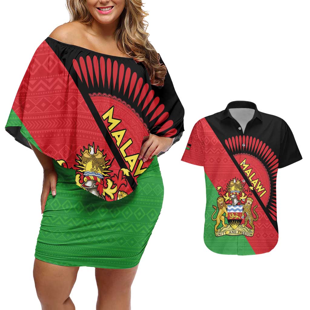 Personalised Malawi Couples Matching Off Shoulder Short Dress and Hawaiian Shirt Coat Of Arms - Flag Style