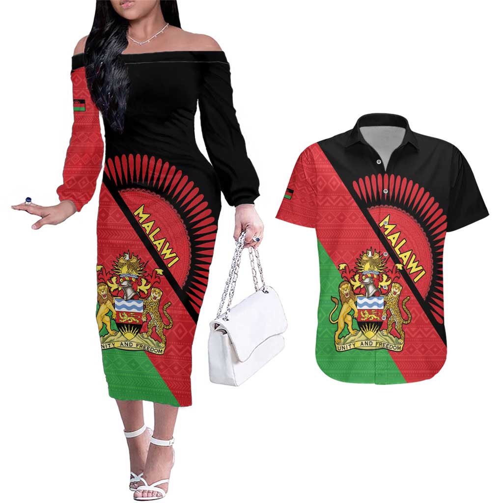 Personalised Malawi Couples Matching Off The Shoulder Long Sleeve Dress and Hawaiian Shirt Coat Of Arms - Flag Style