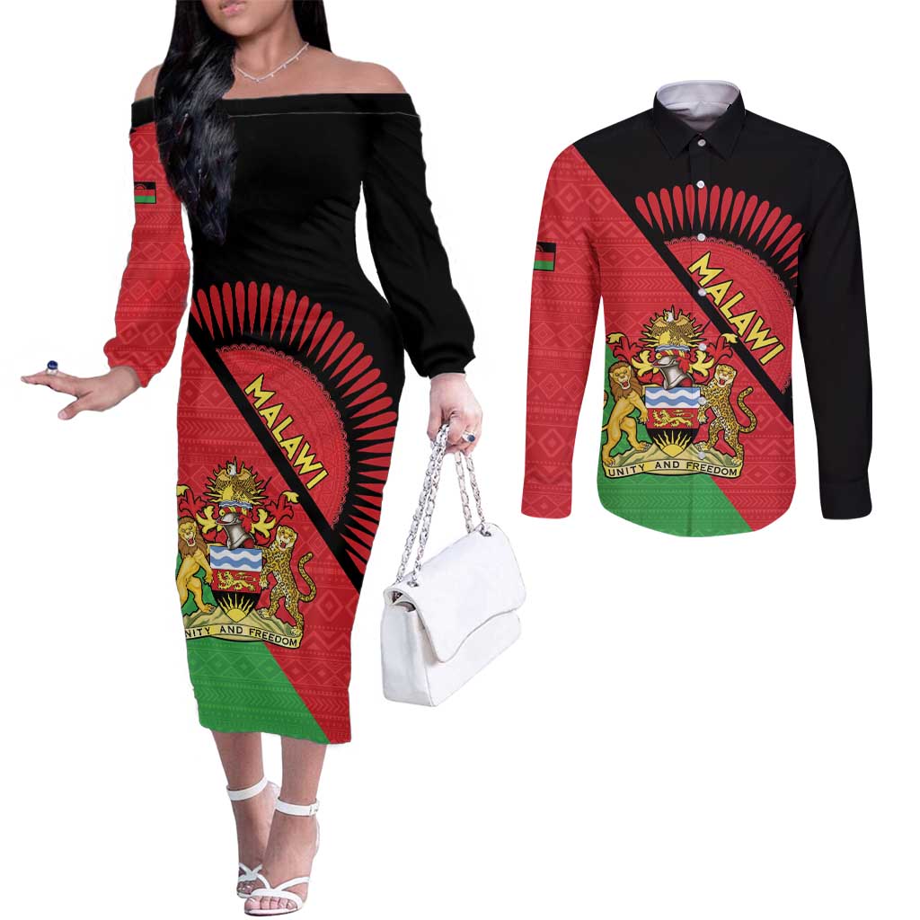 Personalised Malawi Couples Matching Off The Shoulder Long Sleeve Dress and Long Sleeve Button Shirt Coat Of Arms - Flag Style