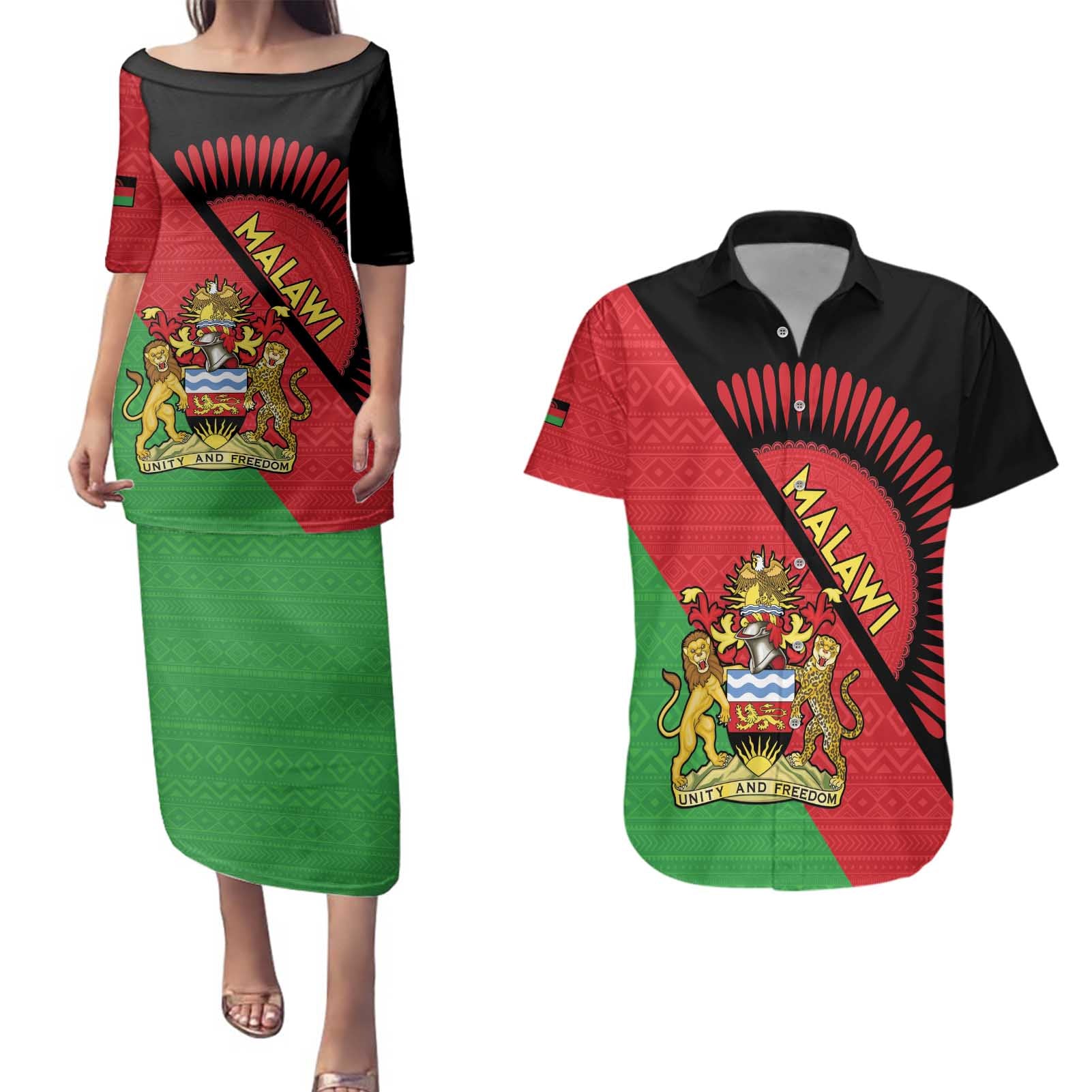 Personalised Malawi Couples Matching Puletasi and Hawaiian Shirt Coat Of Arms - Flag Style