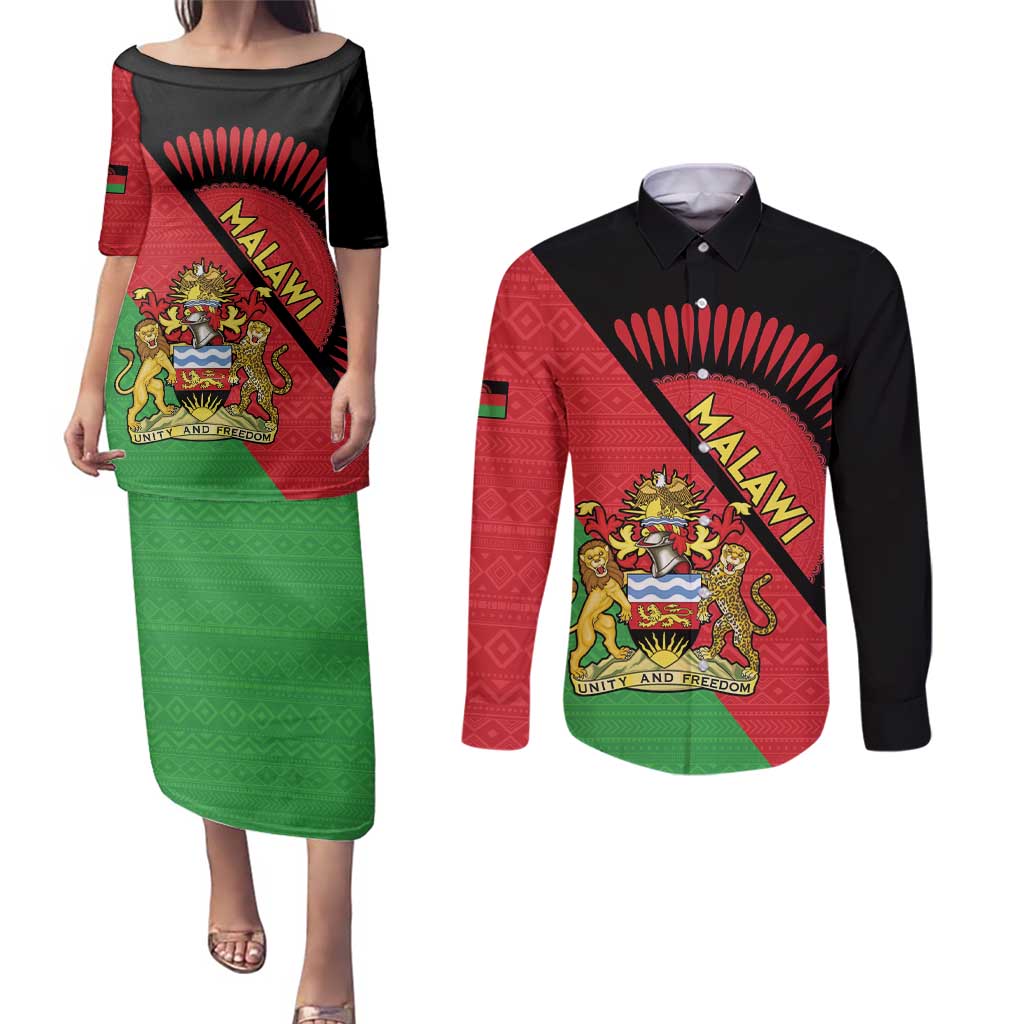 Personalised Malawi Couples Matching Puletasi and Long Sleeve Button Shirt Coat Of Arms - Flag Style