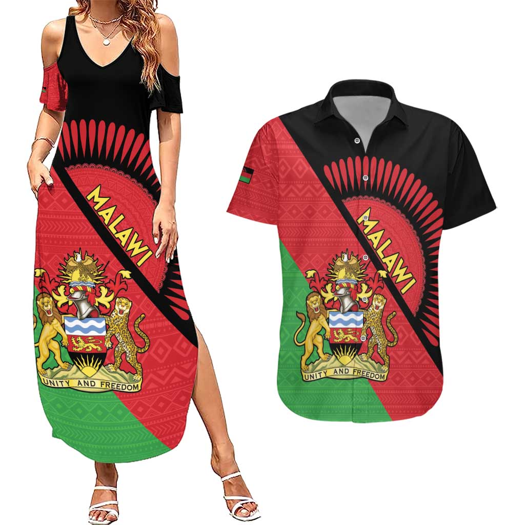 Personalised Malawi Couples Matching Summer Maxi Dress and Hawaiian Shirt Coat Of Arms - Flag Style