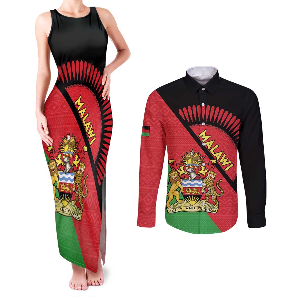 Personalised Malawi Couples Matching Tank Maxi Dress and Long Sleeve Button Shirt Coat Of Arms - Flag Style