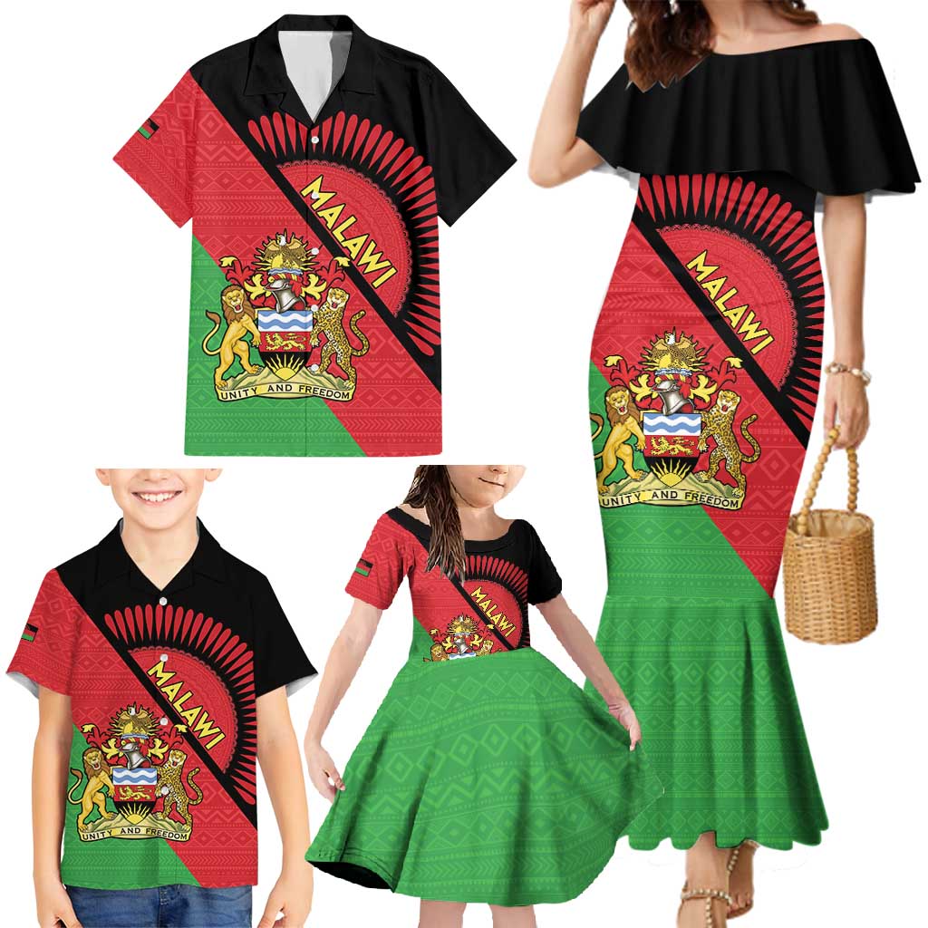 Personalised Malawi Family Matching Mermaid Dress and Hawaiian Shirt Coat Of Arms - Flag Style - Wonder Print Shop