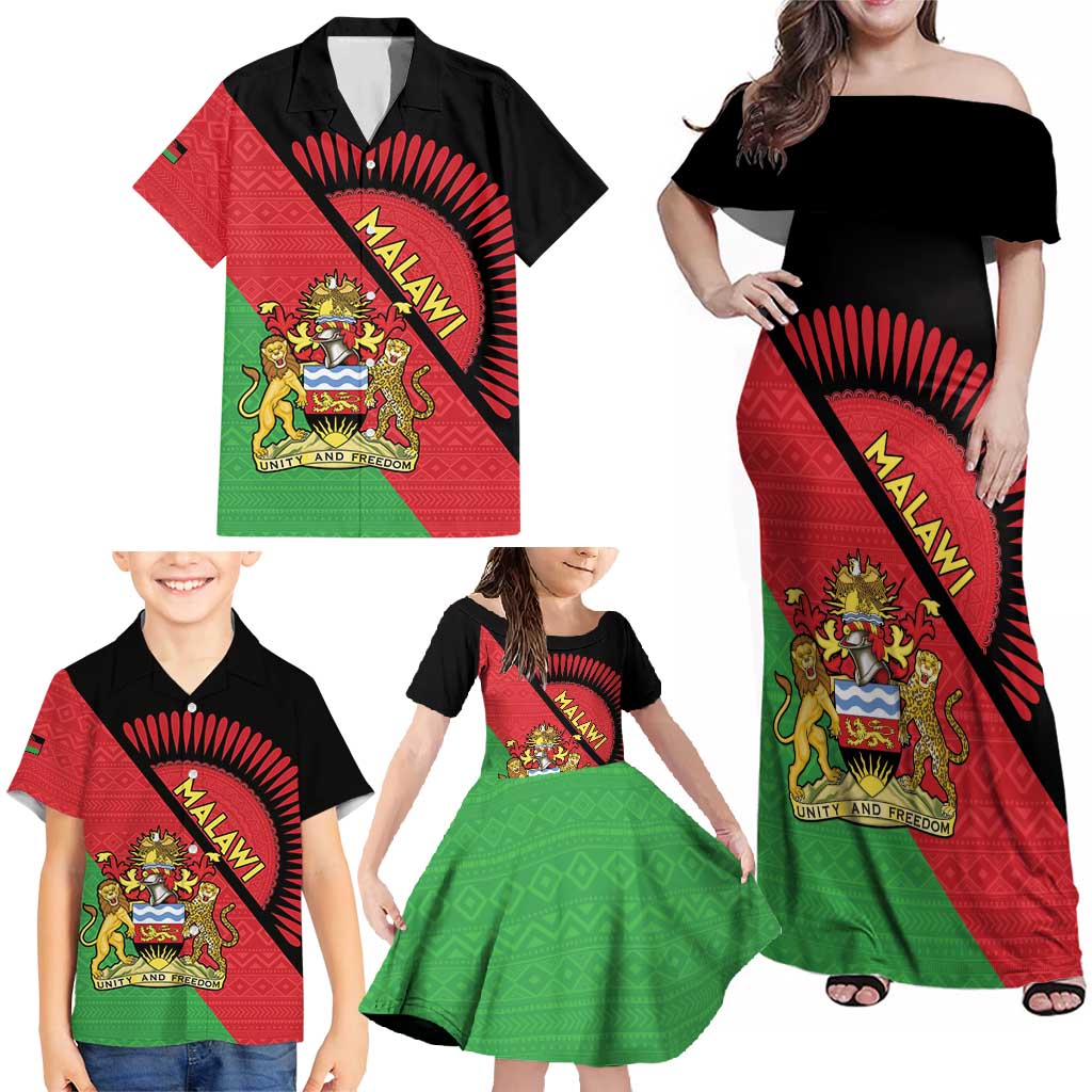 Personalised Malawi Family Matching Off Shoulder Maxi Dress and Hawaiian Shirt Coat Of Arms - Flag Style - Wonder Print Shop