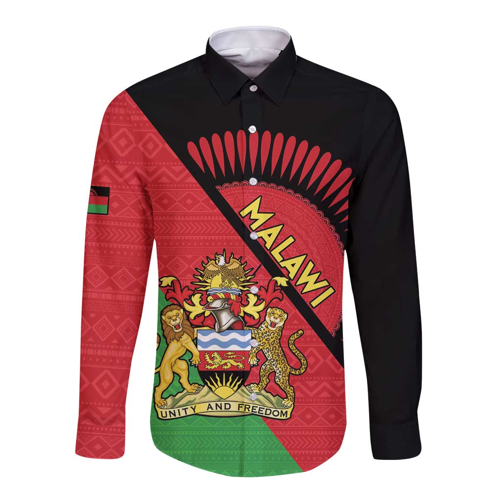 Black long-sleeve button shirt with Malawi coat of arms flag-style print (front)