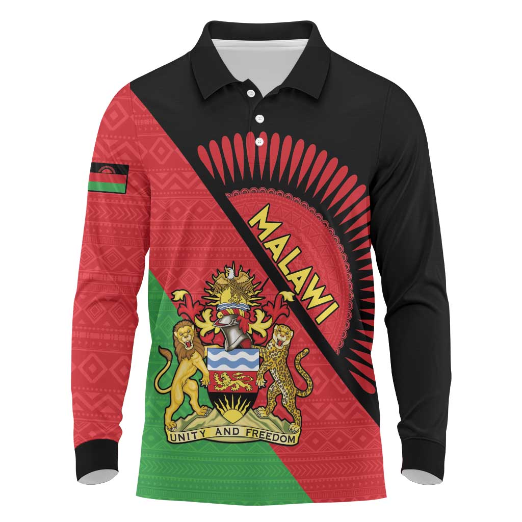 Personalised Malawi Long Sleeve Polo Shirt Coat Of Arms - Flag Style - Wonder Print Shop