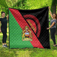 Personalized quilt blanket with Malawi flag stripes, crest, and YOUR TEXT mark on black