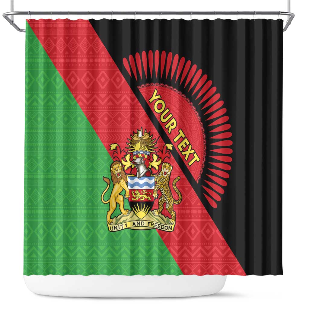 Malawi flag-style shower curtain, crest on shield, 'YOUR TEXT' circle, red/green/black panels