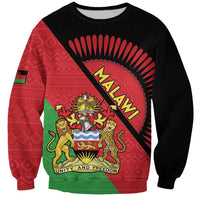 Black crewneck sweatshirt with red-and-green flag design and Malawi coat-of-arms crest