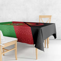 Red, green and black Malawi flag tablecloth with coat of arms emblem and draped corners