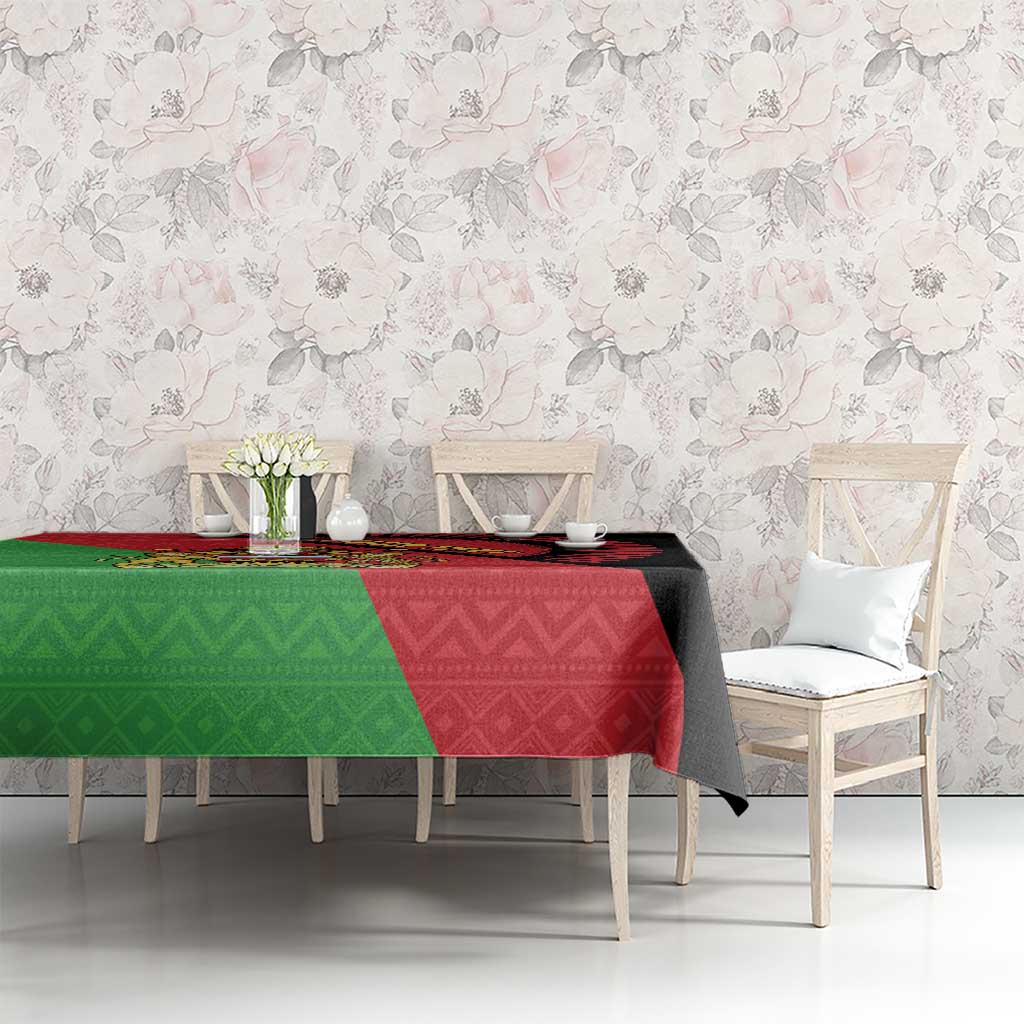 Malawi flag style tablecloth with coat of arms, green and red panels with black border