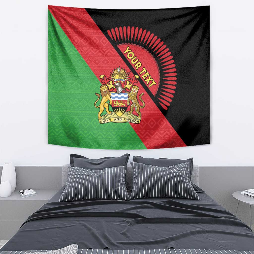 Malawi flag-style tapestry with coat of arms and 'Your Text' in red, green, and black