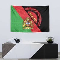 Malawi flag-style tapestry wall hanging with coat of arms, 'Your Text', and sunburst
