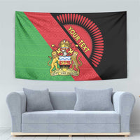 Malawi flag tapestry with lion crest, 'Your Text', and red-green-black diagonal stripes