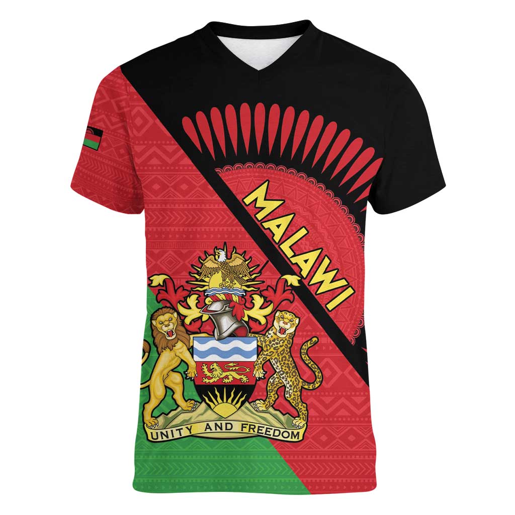 Personalised Malawi Women V-Neck T-Shirt Coat Of Arms - Flag Style - Wonder Print Shop