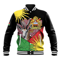 Black unisex baseball jacket with colorful African crest graphic, yellow sleeves, striped rib trim