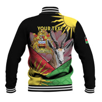 Black unisex baseball jacket back with YOUR TEXT and colorful African crest artwork, striped trim