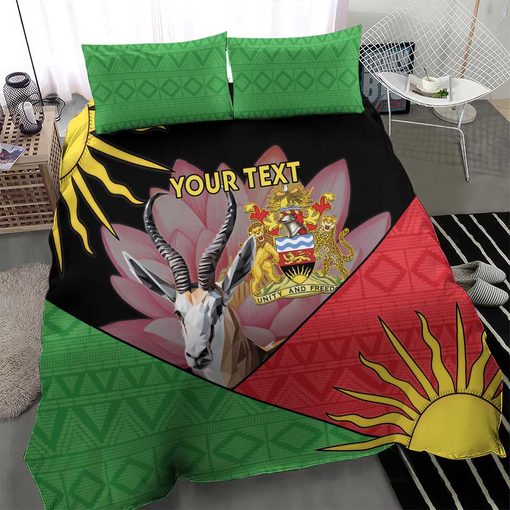 Modern African flag-style bedding set featuring green patterned pillows and a black-red gazelle duvet