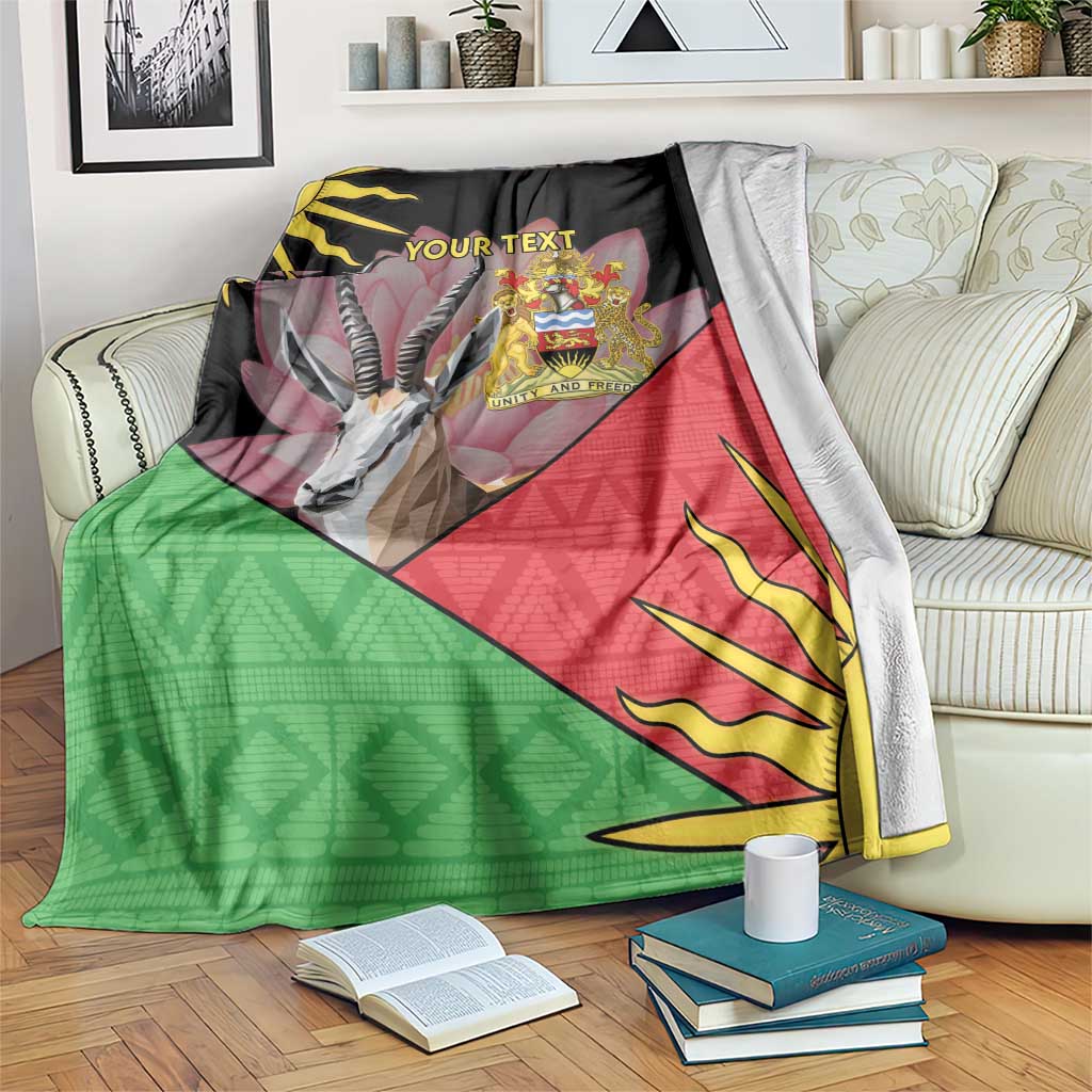 Personalized black blanket with Malawi crest, antelope graphic, red/green geometric pattern
