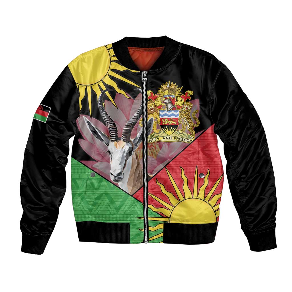 Black bomber jacket with colorful African pattern, front zip, ribbed collar and cuffs