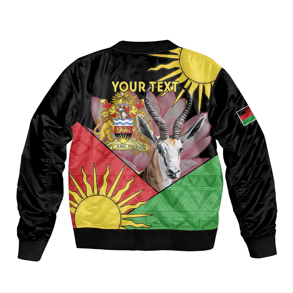 Black bomber jacket with large colorful crest graphic, ribbed cuffs; text 'YOUR TEXT'