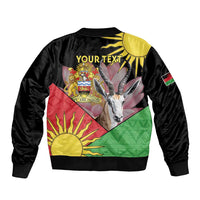 Black bomber jacket with large colorful crest graphic, ribbed cuffs; text 'YOUR TEXT'