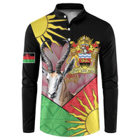 Black button-front sweatshirt with colorful African crest and gazelle graphic