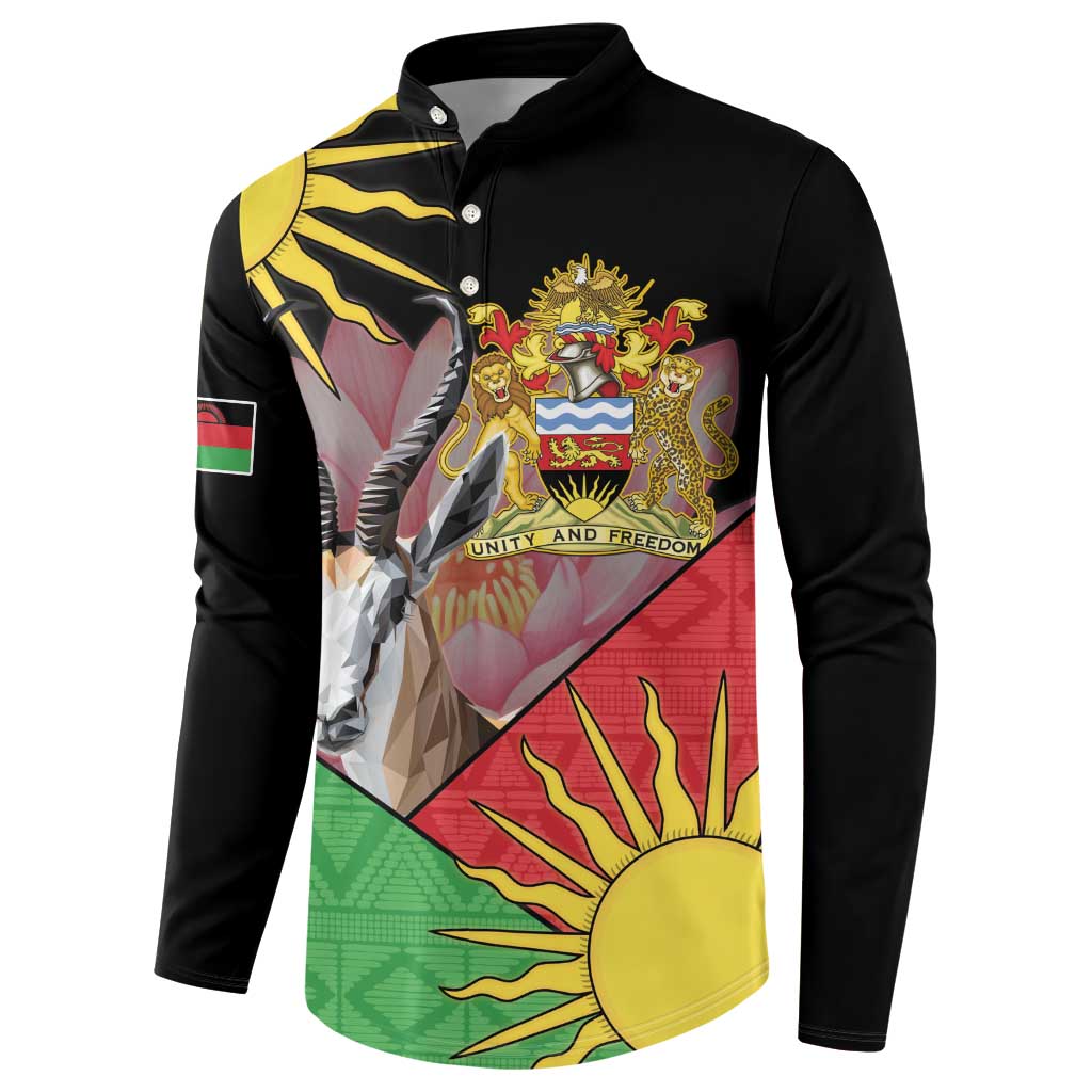 Black button-front sweatshirt with African crest and gazelle graphic, side view