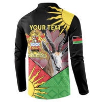 Black button-front sweatshirt with YOUR TEXT on back, African crest gazelle graphic