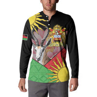Black button-front sweatshirt with African crest and gazelle graphic, front view