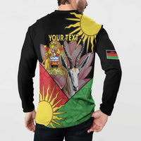 Black button-front sweatshirt with YOUR TEXT on back and African crest gazelle graphic