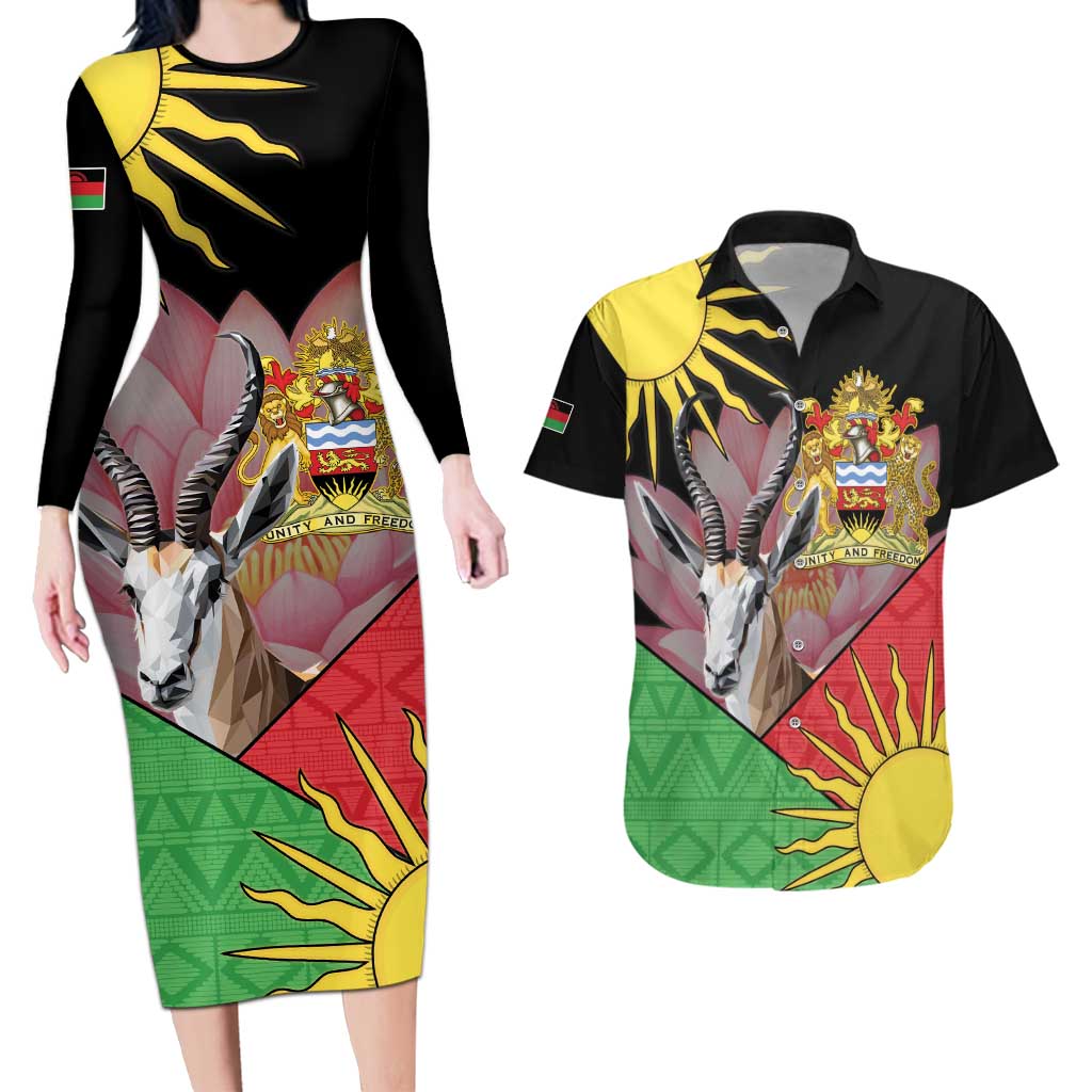 Personalised Malawi Thomsons Gazelle Couples Matching Long Sleeve Bodycon Dress and Hawaiian Shirt Lotus - African Pattern