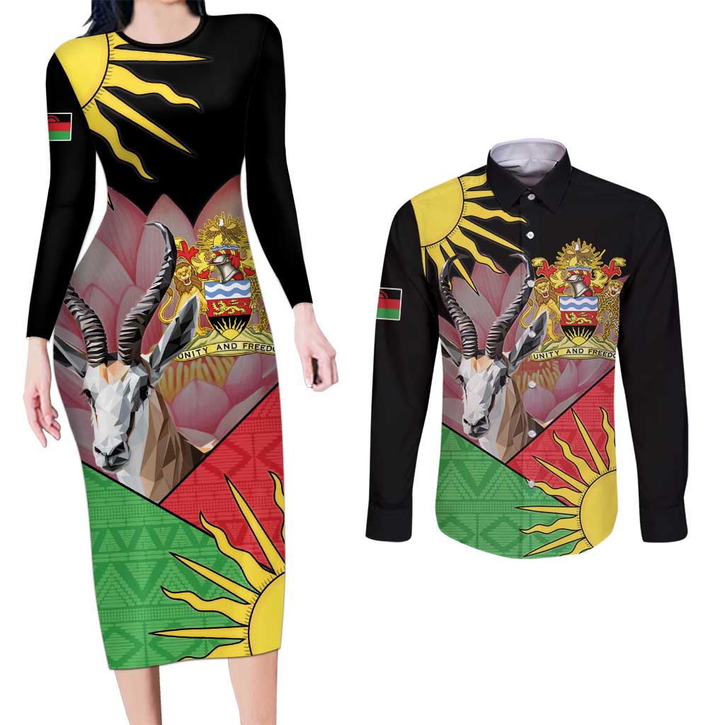 Personalised Malawi Thomsons Gazelle Couples Matching Long Sleeve Bodycon Dress and Long Sleeve Button Shirt Lotus - African Pattern