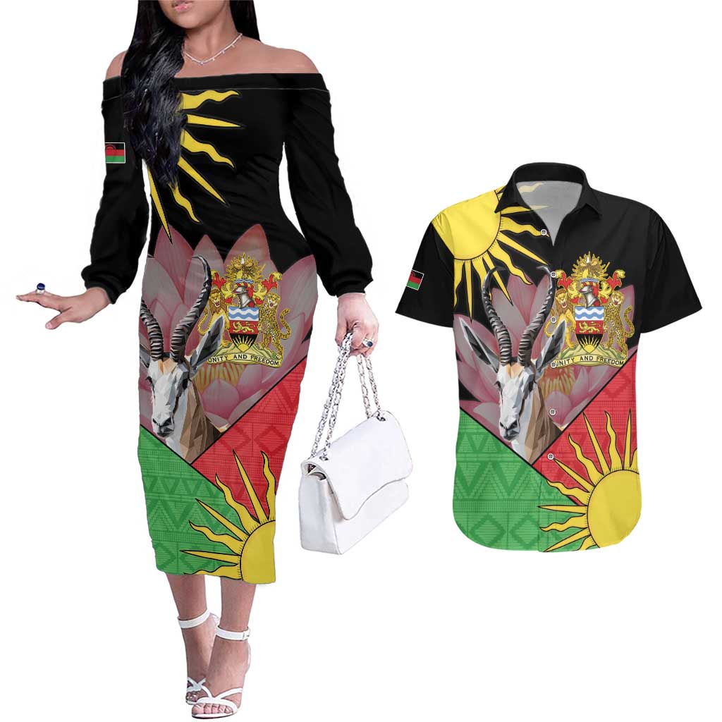 Personalised Malawi Thomsons Gazelle Couples Matching Off The Shoulder Long Sleeve Dress and Hawaiian Shirt Lotus - African Pattern