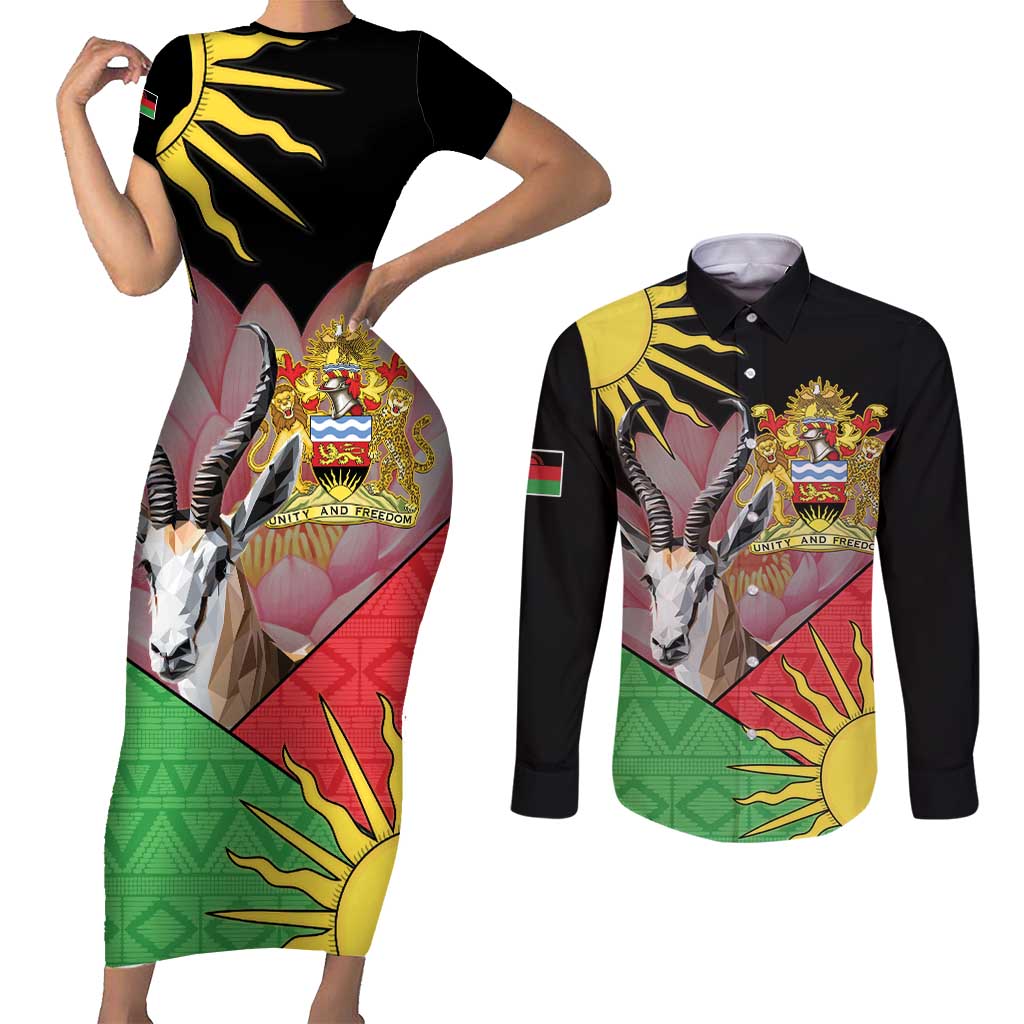 Personalised Malawi Thomsons Gazelle Couples Matching Short Sleeve Bodycon Dress and Long Sleeve Button Shirt Lotus - African Pattern