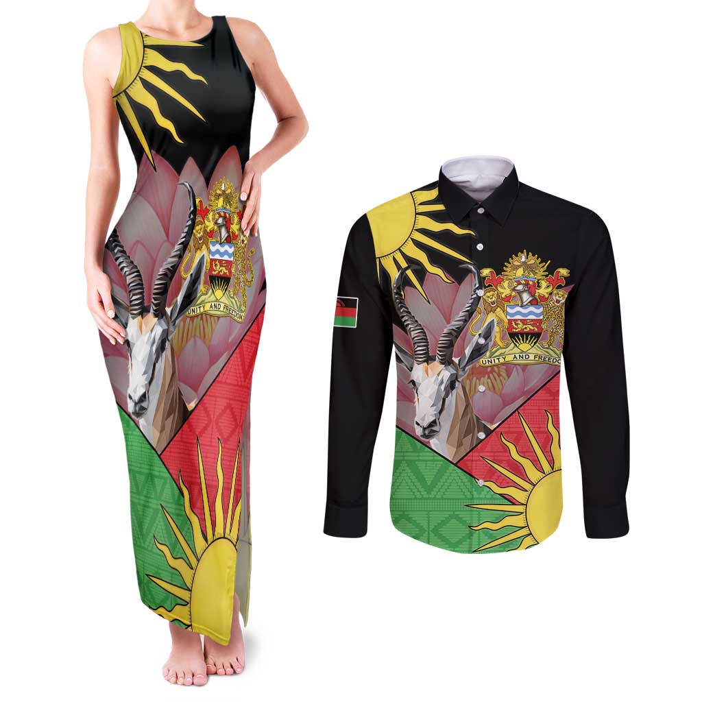 Personalised Malawi Thomsons Gazelle Couples Matching Tank Maxi Dress and Long Sleeve Button Shirt Lotus - African Pattern